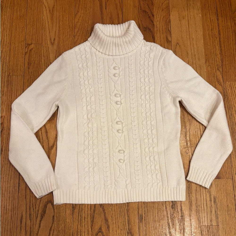 Rafella Women's Cream Cable/knit cotton blend Turtleneck Sweater small petite